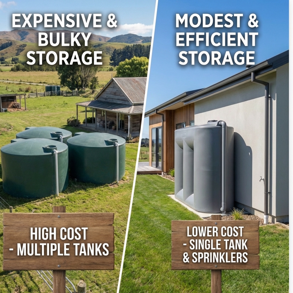 Comparison: Multiple expensive 35,000L tanks vs single modest 7,000L tank with sprinkler system