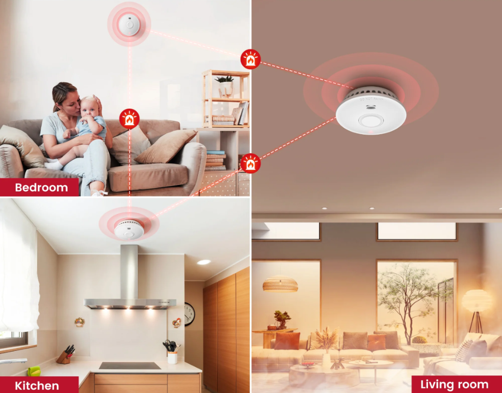 Interconnected smoke alarms covering bedroom, kitchen, and living room
